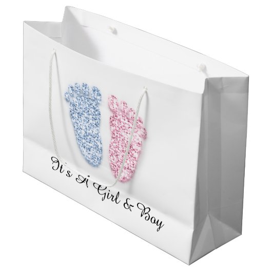 赤ちゃんシャワー足それが男の子の女の子ピンクブルーの双子 ラージペーパーバッグ (正面アングル)