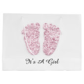 赤ちゃんシャワー足それは男の子の女の子ピンク白だ ラージペーパーバッグ (裏面)