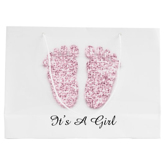 赤ちゃんシャワー足それは男の子の女の子ピンク白だ ラージペーパーバッグ (裏面)