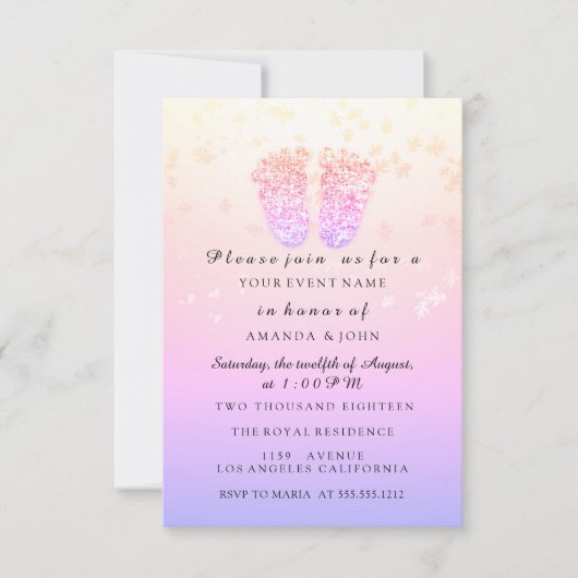 赤ちゃんシャワー足ガールピンク王室のクガーリーグラデーションピンク 招待状 (正面)