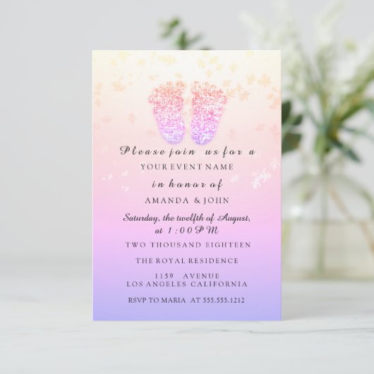 赤ちゃんシャワー足ガールピンク王室のクガーリーグラデーションピンク 招待状 (スタンド正面)