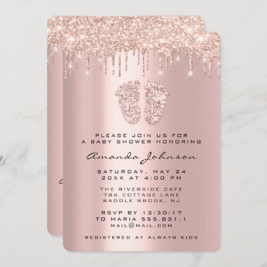 赤ちゃんシャワー足グリッターピンクドリップフォトボーイガール 招待状 (正面/裏面)