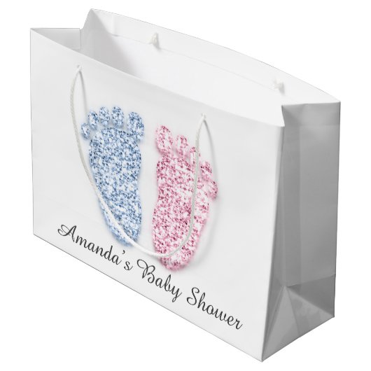 赤ちゃんシャワー足男の子の女の子の名前ピンクブルージェンダー ラージペーパーバッグ (裏面アングル)