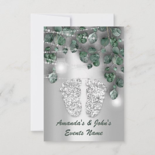 赤ちゃんシャワー足素朴グリーングレーガールボーイ 招待状 (裏面)