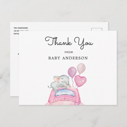 赤ちゃんシャワー車でピンクの車に象 ポストカード (正面/裏面)