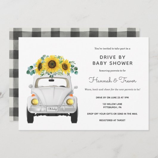 赤ちゃんシャワー車のひまわり白い車 招待状 (正面/裏面)