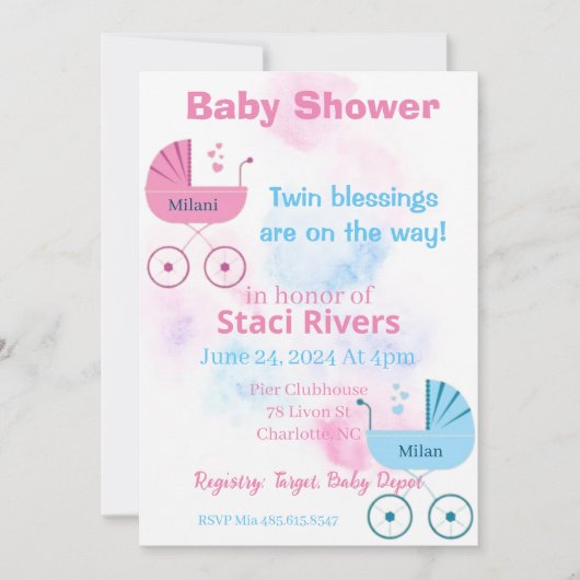 赤ちゃんシャワー車女の子の双子 招待状 (正面)