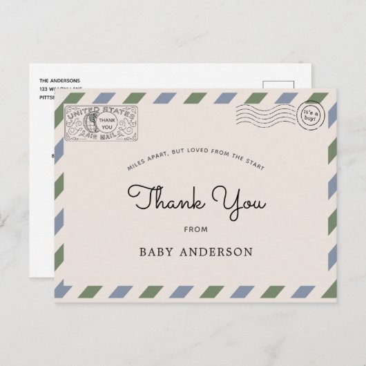 赤ちゃんシャワー郵便ありがとう青い緑はがき ポストカード (正面/裏面)