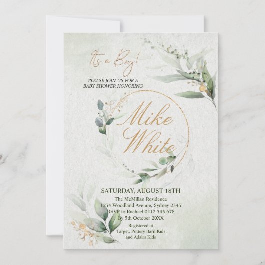 赤ちゃんシャワー金ゴールドと緑のデザイン- It's a Boy Inv 招待状 (正面)