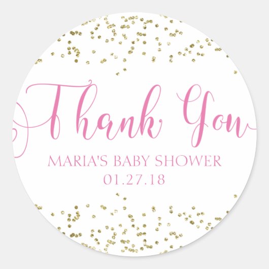 赤ちゃんシャワー金ゴールド紙吹雪ピンクの好意ありがとうラベル ラウンドシール (正面)