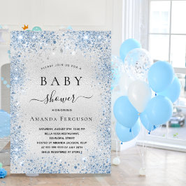 赤ちゃんシャワー銀グリッターダストブルー男の子名 招待状