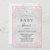 赤ちゃんシャワー銀グリッターピンクの女の子の写真 招待状 (正面)