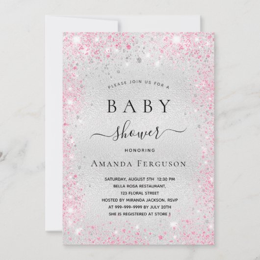 赤ちゃんシャワー銀グリッターピンクの女の子の写真 招待状 (正面)