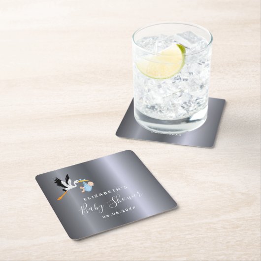 赤ちゃんシャワー銀色のコウノトリ スクエアペーパーコースター (インサイチュ)