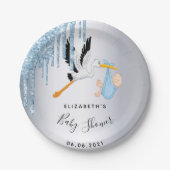 赤ちゃんシャワー銀色のコウノトリ ペーパープレート (正面)