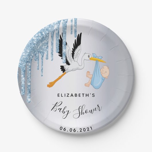 赤ちゃんシャワー銀色のコウノトリ ペーパープレート (正面)