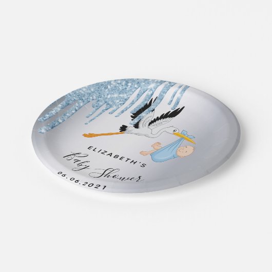 赤ちゃんシャワー銀色のコウノトリ ペーパープレート (アングル)