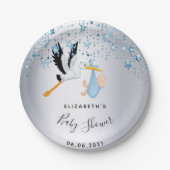 赤ちゃんシャワー青い星のコウノトリ ペーパープレート (正面)
