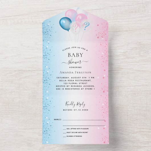 赤ちゃんシャワー青ピンクRSVPの性別 オールインワン招待状 (内側)