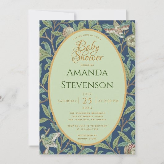 赤ちゃんシャワー鳥のザクロ緑の葉モリス 招待状 (正面)