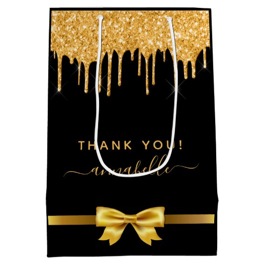 赤ちゃんシャワー黒金ゴールド感謝していグリッターお願い ミディアムペーパーバッグ (裏面)