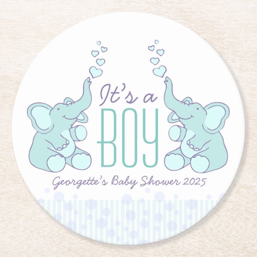 赤ちゃんシャワー2象それは男の子コースターだ ラウンドペーパーコースター (正面)