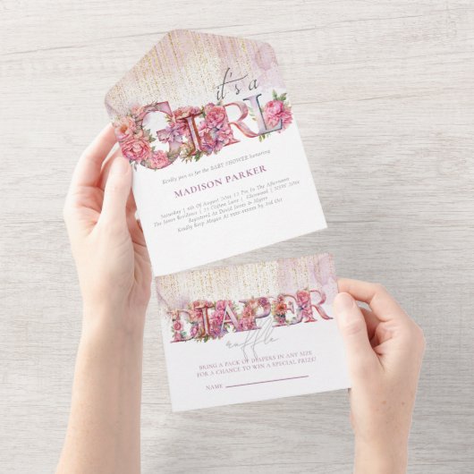 赤ちゃんシャワー&おむつラッフル女の子 オールインワン招待状 (貼ってはがせる)