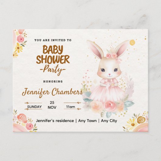 赤ちゃんシャワー – かわいいピンクのバニー。編集可能 ポストカード (正面)