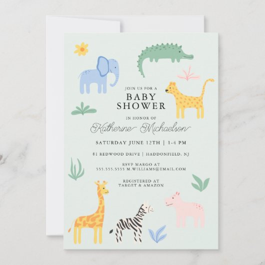 赤ちゃんシャワー |かわいい野生動物の赤ちゃん動物 招待状 (正面)