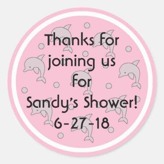 赤ちゃんシャワー「イルカ/ピンク」ステッカー1 1/2"または3" ラウンドシール (正面)