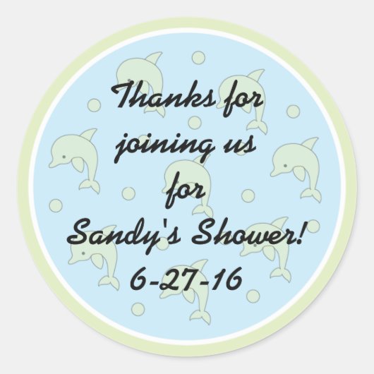 赤ちゃんシャワー「イルカ/ブルー」ステッカー1 1/2"または3" ラウンドシール (正面)