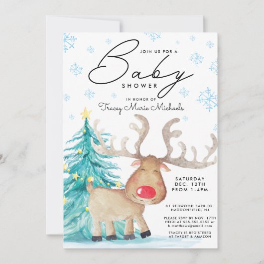 赤ちゃんシャワー |クリスマスウォーターのカラートナカイ 招待状 (正面)