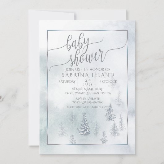 赤ちゃんシャワー |シルバーブルー冬のワンダーランド 案内状 (正面)
