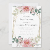 赤ちゃんシャワー | ピンクかわいらし赤面水彩花 招待状 (正面)