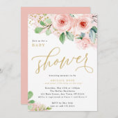 赤ちゃんシャワー、ピンクと金ゴールドの水色の花 招待状 (正面/裏面)