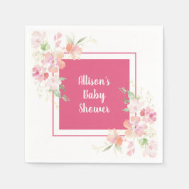 赤ちゃんシャワー |ピンクサンゴ金ゴールドフローラ水彩 スタンダードカクテルナプキン