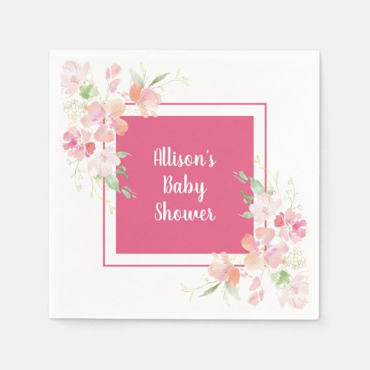 赤ちゃんシャワー |ピンクサンゴ金ゴールドフローラ水彩 スタンダードカクテルナプキン (正面)