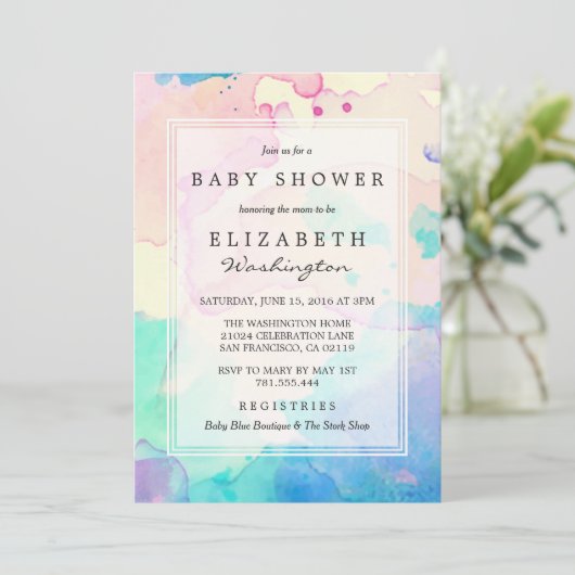 赤ちゃんシャワー |ピンクブルーとパープルの水彩スプラッシュ 招待状 (スタンド正面)