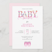 赤ちゃんシャワー、ピンクブース、ピンクフローラ 招待状 (正面/裏面)