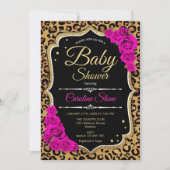 赤ちゃんシャワー – ブラックピンク金ゴールドヒョウ印刷 招待状 (正面)