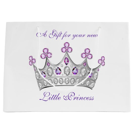 赤ちゃんシャワー、プリンセスクラウン、ピンクと紫 ラージペーパーバッグ (正面)