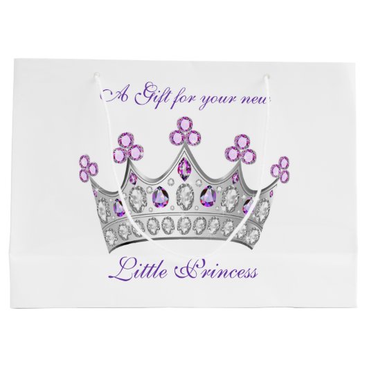 赤ちゃんシャワー、プリンセスクラウン、ピンクと紫 ラージペーパーバッグ (裏面)
