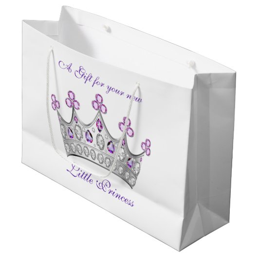 赤ちゃんシャワー、プリンセスクラウン、ピンクと紫 ラージペーパーバッグ (正面アングル)