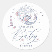 赤ちゃんシャワー |ベビーガールホエールマーメイドビーチクラス ラウンドシール (正面)