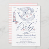 赤ちゃんシャワー |ベビーガールホエールマーメイドビーチ 招待状 (正面/裏面)