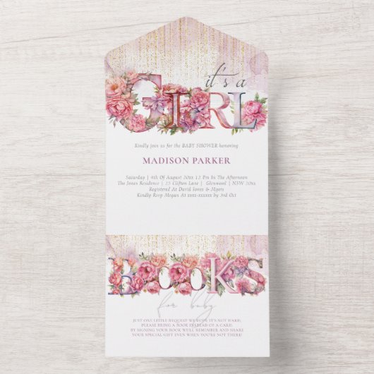 赤ちゃんシャワー&ベビー用ブックス女の子 オールインワン招待状 (内側)