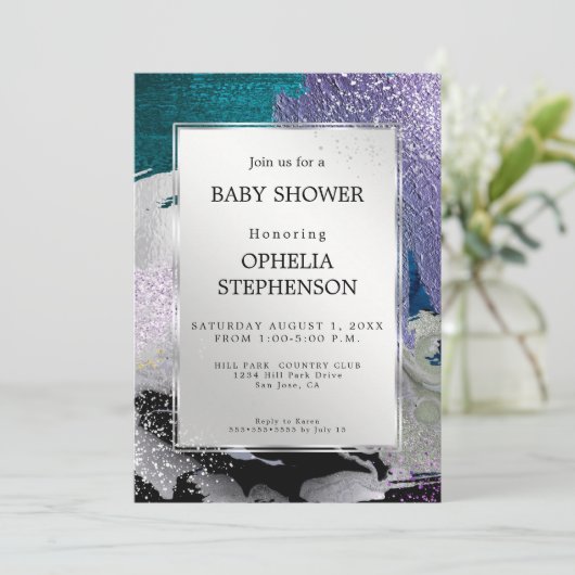 赤ちゃんシャワー |メタリックシルバーティール（緑がかった色）パープル抽象芸術 招待状 (スタンド正面)