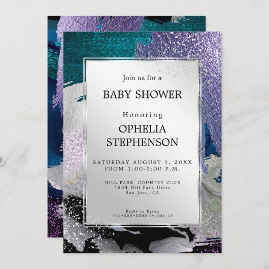 赤ちゃんシャワー |メタリックシルバーティール（緑がかった色）パープル抽象芸術 招待状 (正面/裏面)