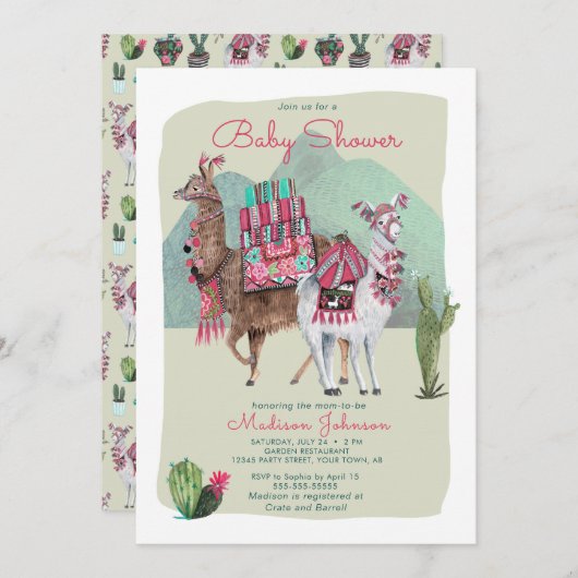 赤ちゃんシャワー |ラマ&サボテン |招待状 招待状 (正面/裏面)