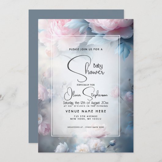 赤ちゃんシャワー – 夢のようなピンクの牡丹フローラ 招待状 (正面/裏面)